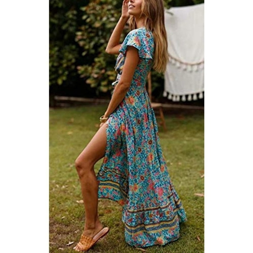 Women's Summer Short Sleeve Floral‎ Print Bohemian Beach Waist Small